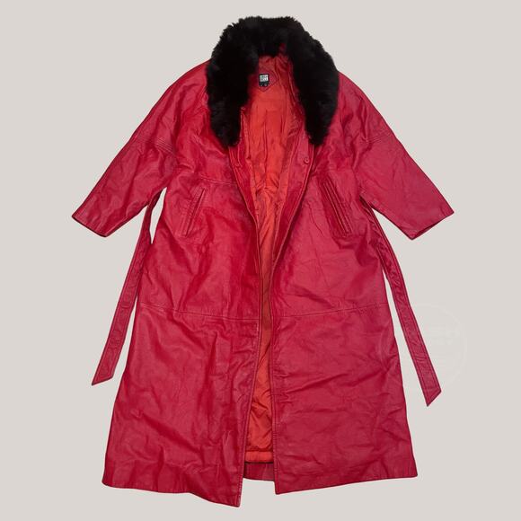 1970s Red Leather Maxi Coat w/ Real Black Fox Fur | Greg Bell, XL, Rare Vintage - Picture 4 of 14